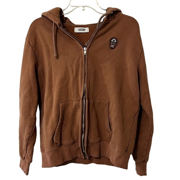 SUSPICIOUS ANTWERP Hooded Full Zip Up Sweatshirt Embroidered Skull Street Style - Picture 1 of 15